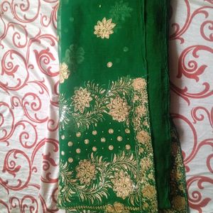 Green saree With Beautiful silver design