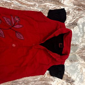 Floral Design Red Top/kurti With Short Black Inner