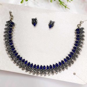 Blue Oxidised Choker Set