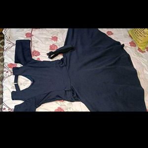 Navy Blue Flared Dress With Belt