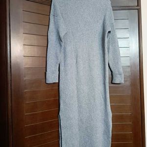 Women Grey Long Ribbed High Neck Sweater Dress