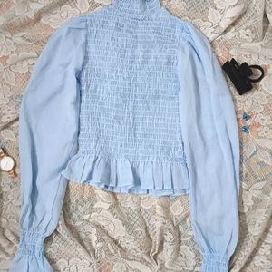 🧿Light Blue Turtle Neck Top With Flare Sleev