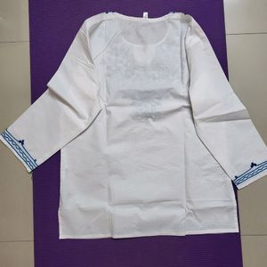 White And Blue Embroidered Short Kurti