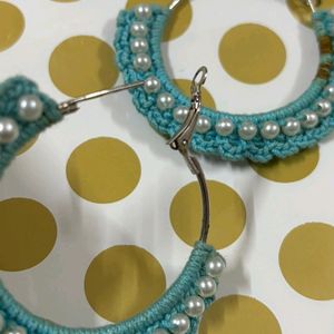 Handmade Blue Crochet Hoop Earrings