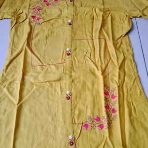 Yellow Kurta With Pink Embroidery, Front Slit