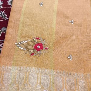 Yellow Kota Doria Saree With Handwork