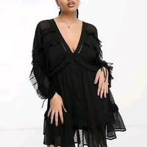 Deep Neck Sexy Black Flared Dress - M Size