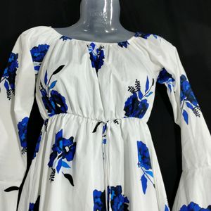 White And Blue Floral Printed Dress (Women)