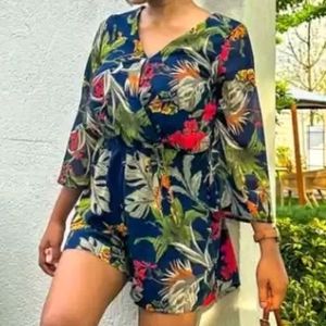 Navy Blue & Green Floral Print Playsuit