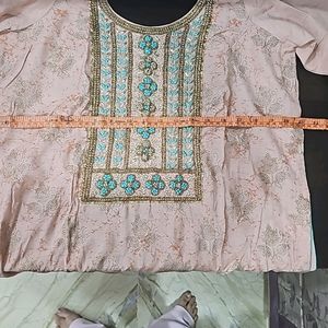 Koskii Peach Kurta With Contrasting Green Bottom