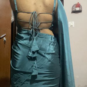 Green Satin Saree With Backless Blouse