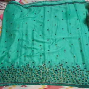 Flower Embroidery Green Saree