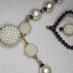 White Pearl And Purple Crystal Bead Nacklace Set