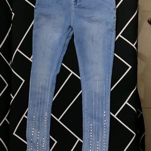 Light Blue Denim Jeans with Stone Work (Size - 30)