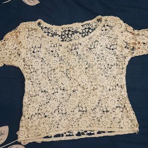 Off White Beige Korean Net Coquette Crop Top