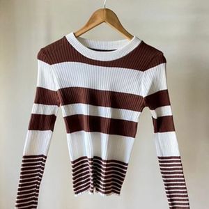 Brown and White Striped Sweater Top