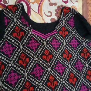 Black Multi Colour Embroidered Kurta