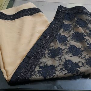 Cream And Black Saree Without Blouse Piece