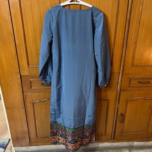 Breya Long Blue Kurta With Geometric Print On Hem