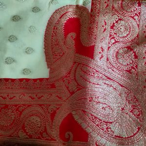 A Beautiful Weaving White Red Silk Saree