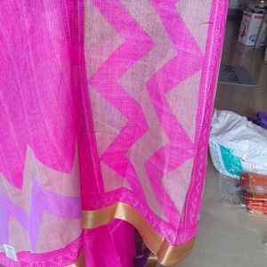 Magenta Tissue Saree with Silver Zari Border