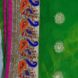 Cyan Blue And Parrot Green Colour Chiffon Saree