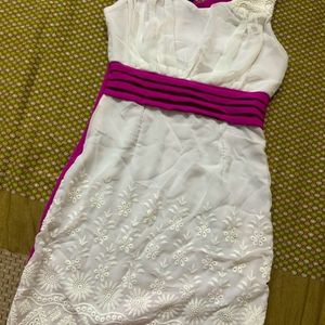 Beautiful White Purple Detailed V Neck Dress Women