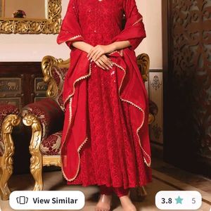 Red Chikankari Anarkali Kurta Set