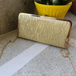 Golden Embellished Clutch With Detachable Sling