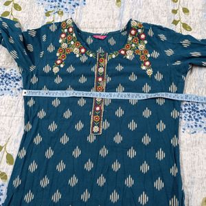 Teal Green Cotton Kurta With Embroidery