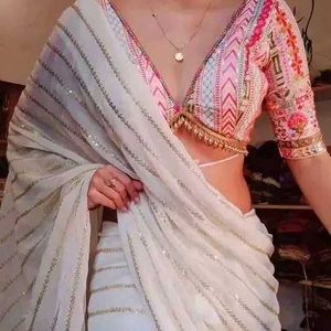 Party Wear White Colour Saree With Blouse Piece