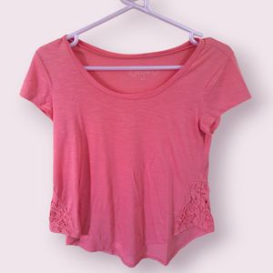 Peach Pink Scoop Neck High low Tshirt With Lace