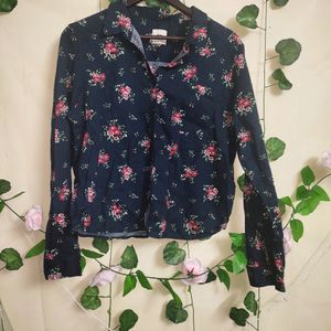 Floral Print Navy Blue Shirt For Office Wear.