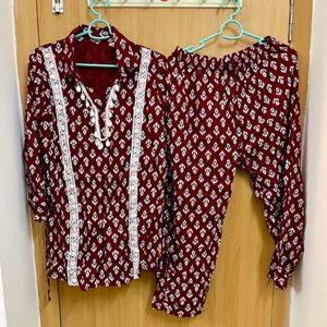 Maroon Co Ord Set Shell Work At Neck