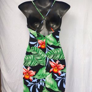 Black Tropical Mini Dress With Criss Cross Back