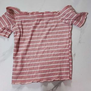 Off Shoulder Stretchable Striped Pink Crop Top