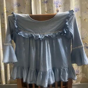 Stylish Blue Ruffle Top with Bell Sleeves