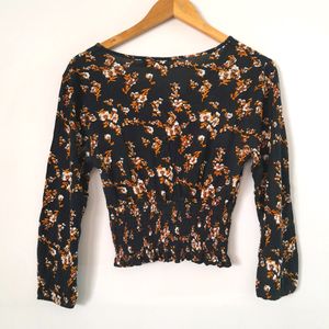 Black With Floral Print Crop Tops (Women's)