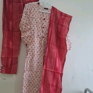 Beige-Red Festive Kurta Set For Ladies