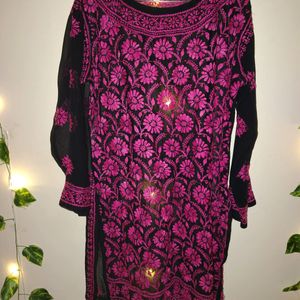 Black ChikanKari Kurti With Pink Embroidery