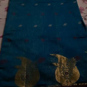 Blue Maroon Golden Jori Border Linen Saree