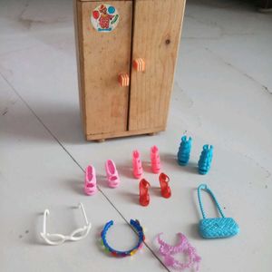 Wooden Almirah Toy With Barbie Accessories