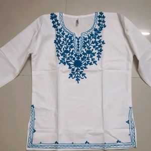 White With Blue Lucknowi Short Kurti