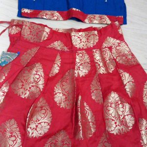 Blue Red Jari Ghaghra Choli For Kids