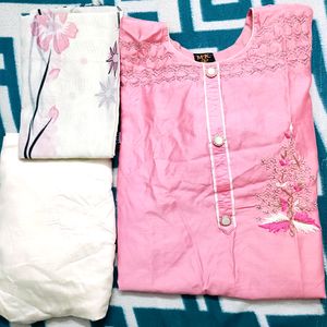 Muslin Silk White Pink Suit Pant With Dupatta