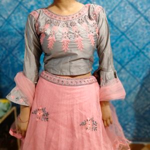 Net+Banarasi Lehnga Choli With Dupatta