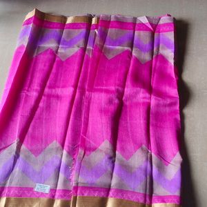 Magenta Tissue Saree with Silver Zari Border