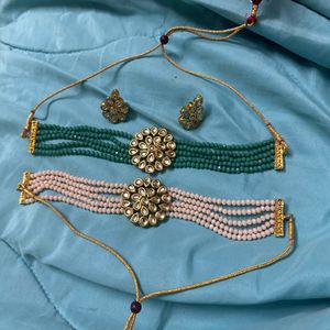 Two Kundan Necklaces With Common Earrings