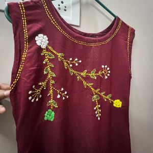 Maroon Embroidered Sleeveless Straight Summer Wear