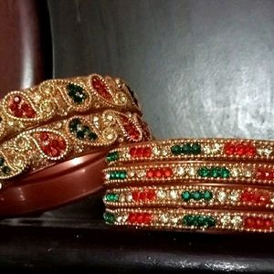 Beautiful Golden And Red Green Bangles Set ❤️